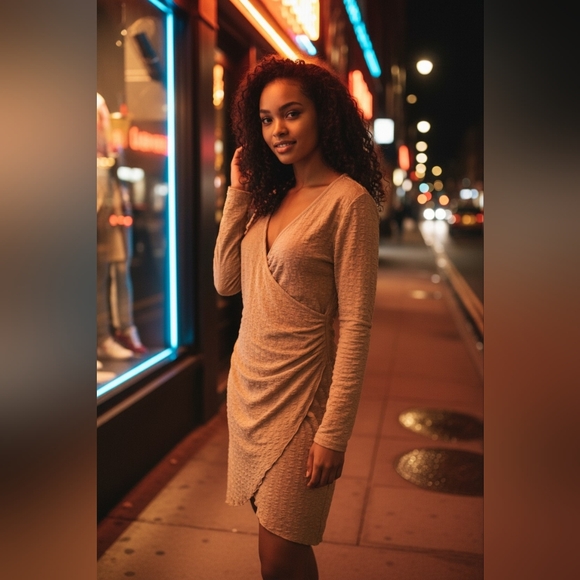 Cider Dresses & Skirts - Cider Beige Long Sleeve Wrap Dress
